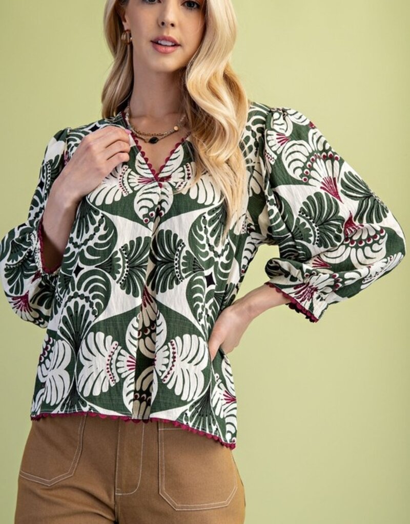 V-Neck Top with 3/4 Length Sleeves and Ric-Rac Trim
