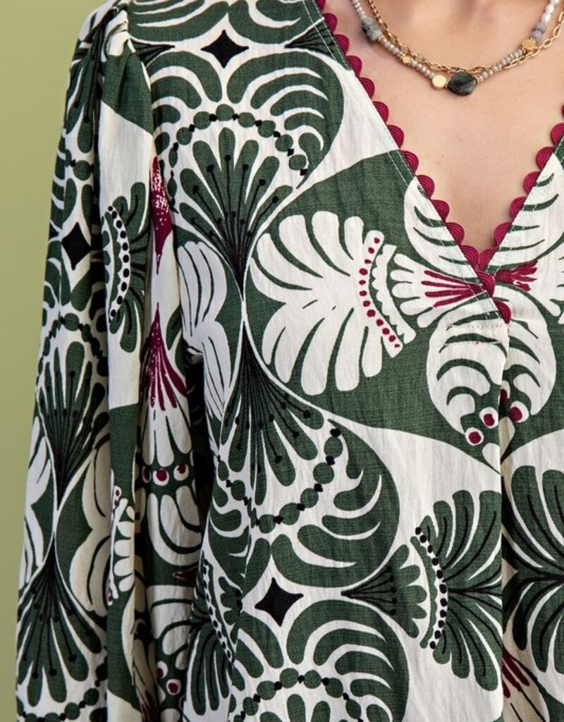 V-Neck Top with 3/4 Length Sleeves and Ric-Rac Trim