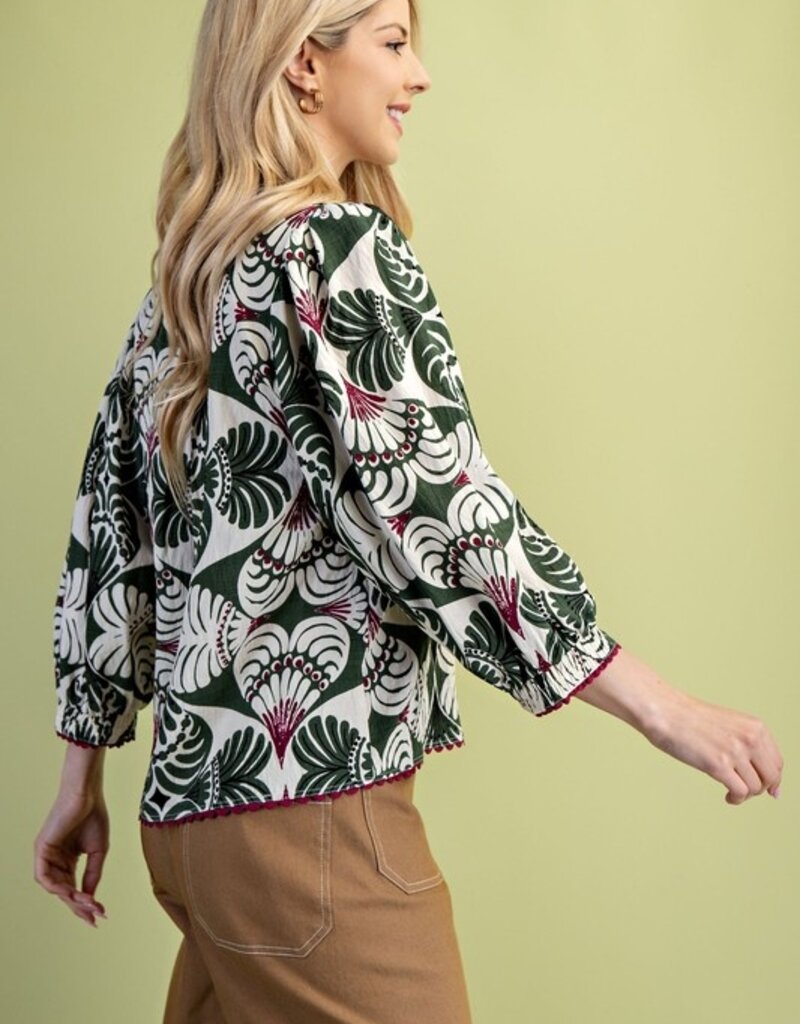 V-Neck Top with 3/4 Length Sleeves and Ric-Rac Trim
