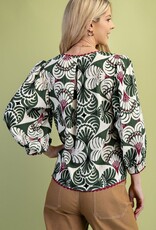 V-Neck Top with 3/4 Length Sleeves and Ric-Rac Trim