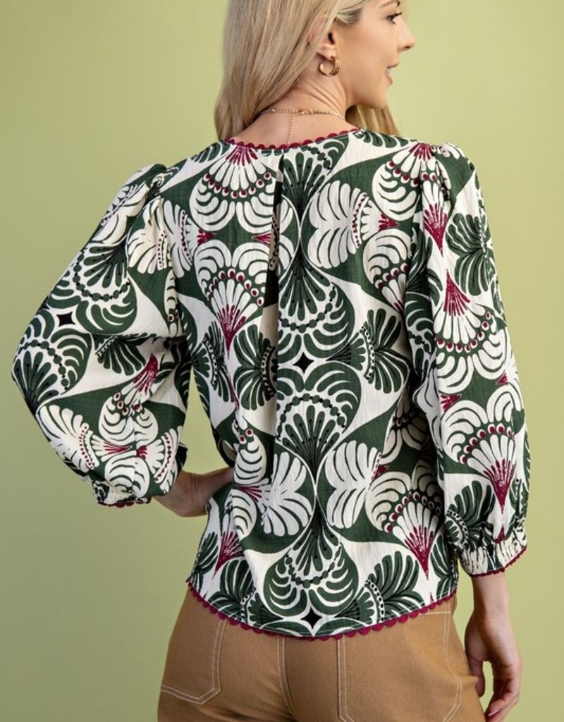 V-Neck Top with 3/4 Length Sleeves and Ric-Rac Trim