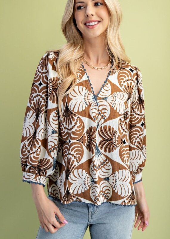 V-Neck Top with 3/4 Length Sleeves and Ric-Rac Trim