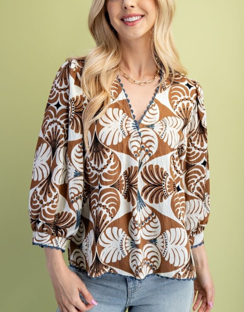 V-Neck Top with 3/4 Length Sleeves and Ric-Rac Trim