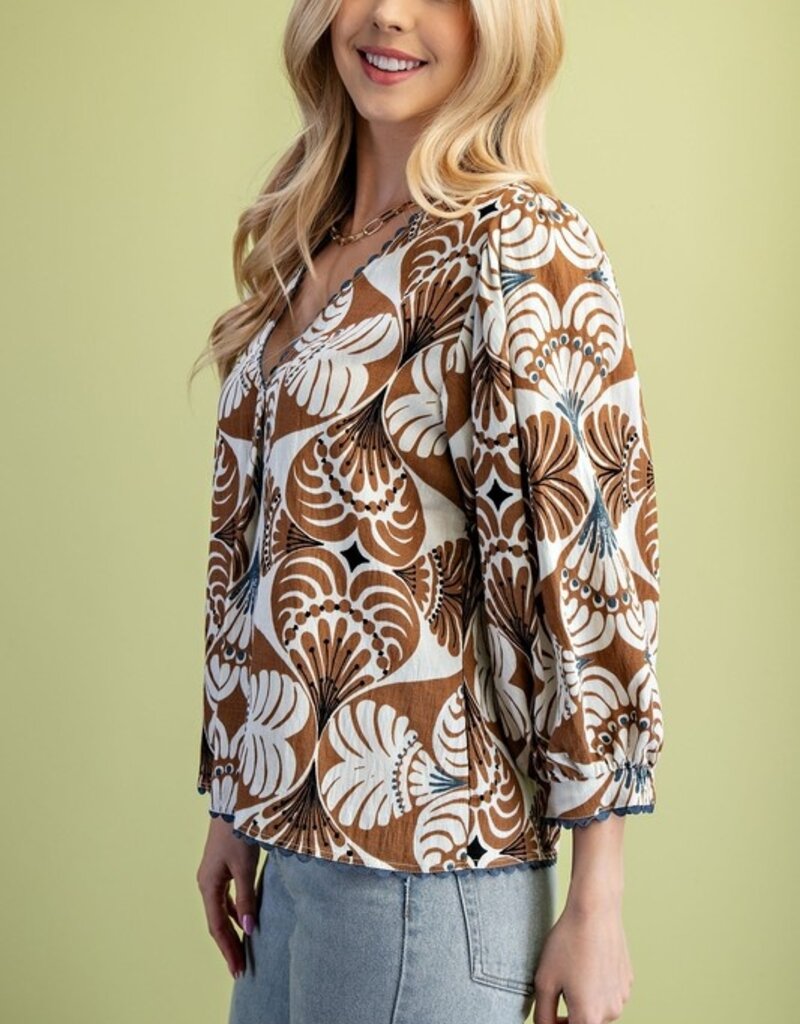 V-Neck Top with 3/4 Length Sleeves and Ric-Rac Trim