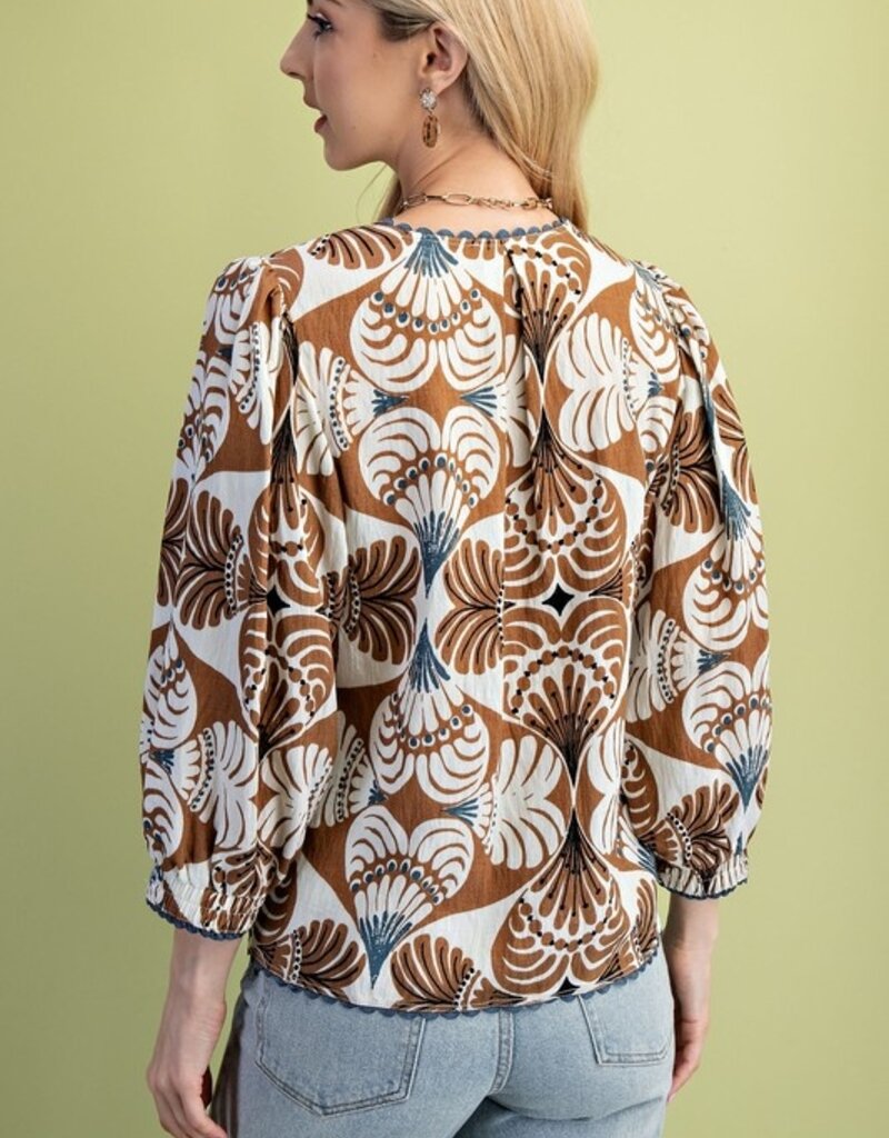 V-Neck Top with 3/4 Length Sleeves and Ric-Rac Trim