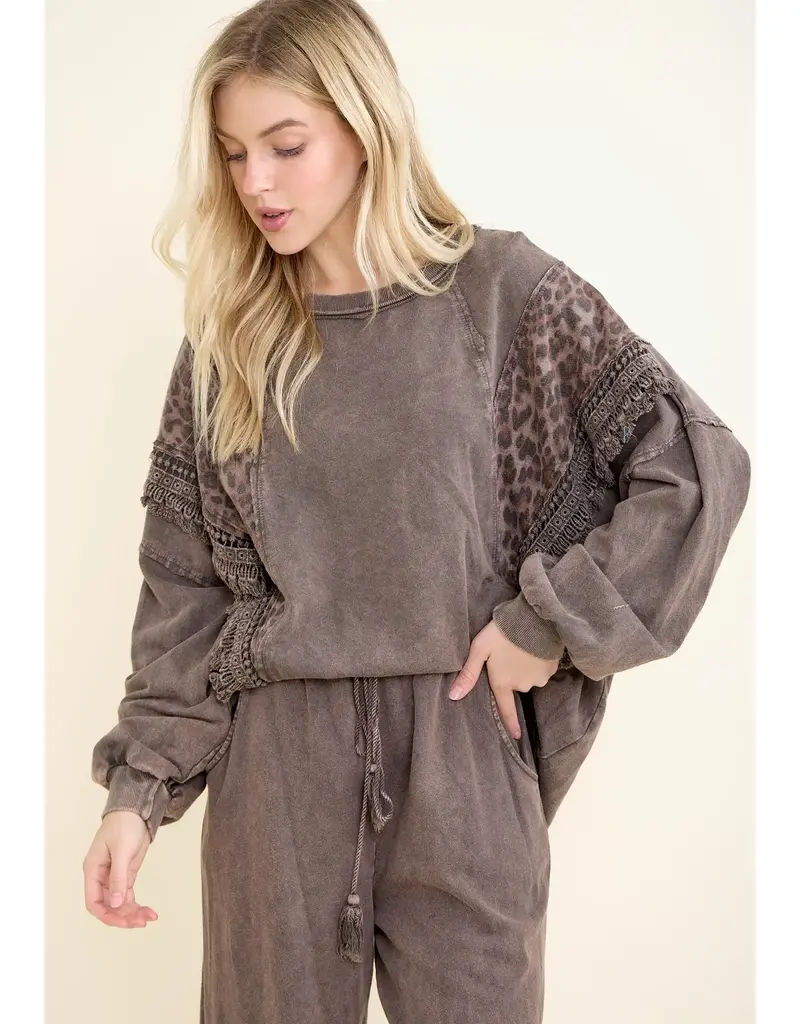 Mineral Washed Cheetah Leopard Fringe Tassel Top