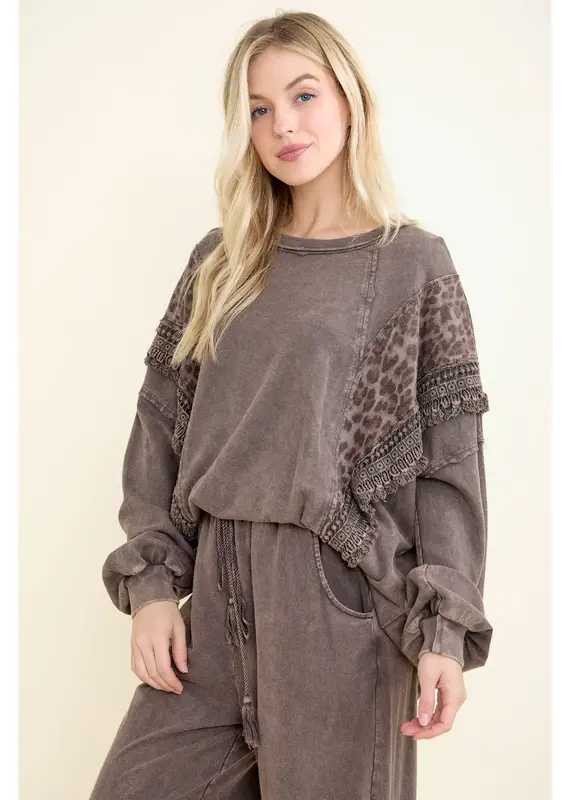 Mineral Washed Cheetah Leopard Fringe Tassel Top