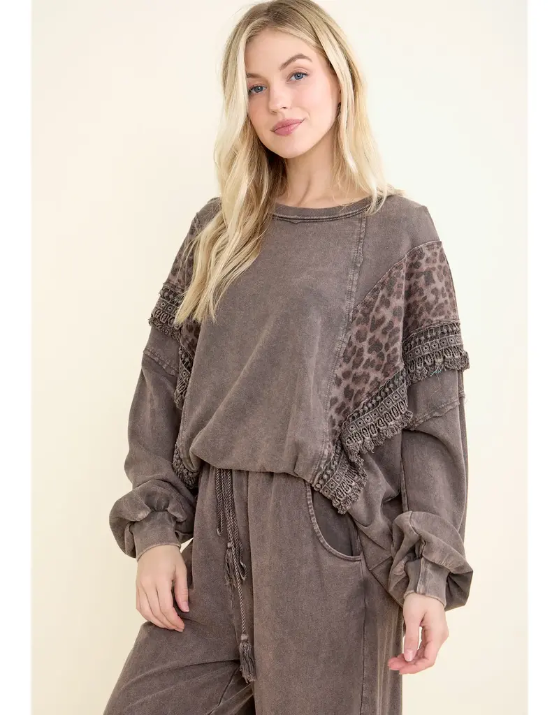 Mineral Washed Cheetah Leopard Fringe Tassel Top