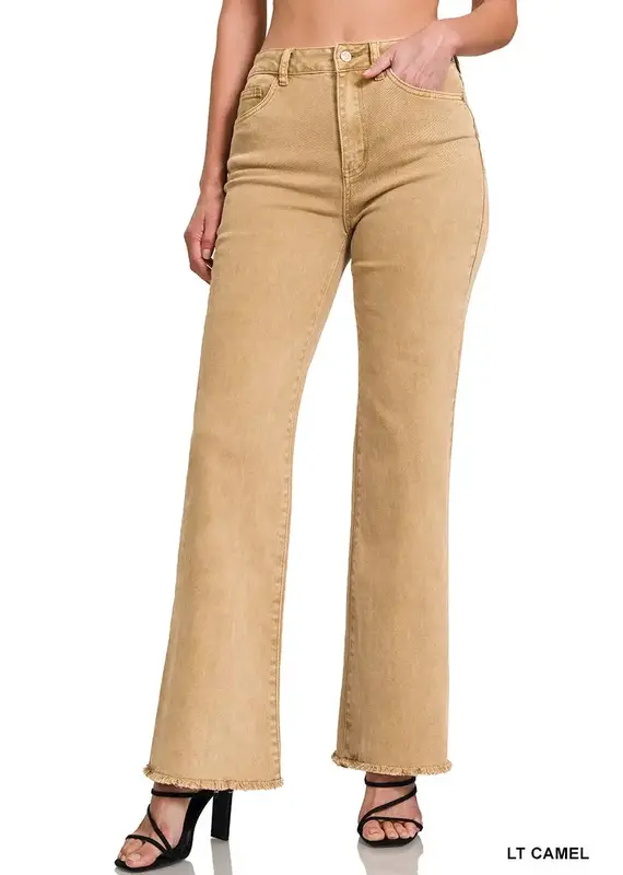 Acid Washed Frayed Hem Straight Wide Pant