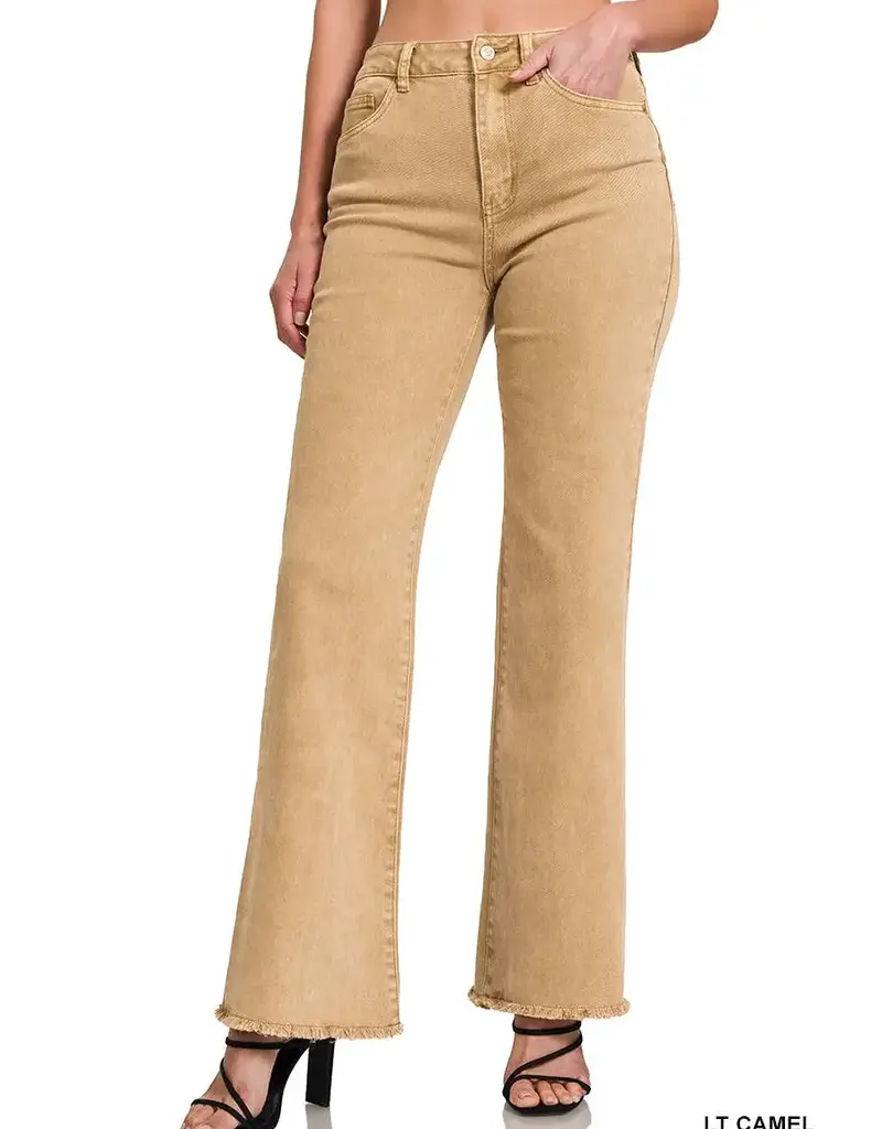 Acid Washed Frayed Hem Straight Wide Pant