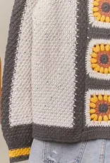 Color Block Sunflower Crochet V Neck Cardigan