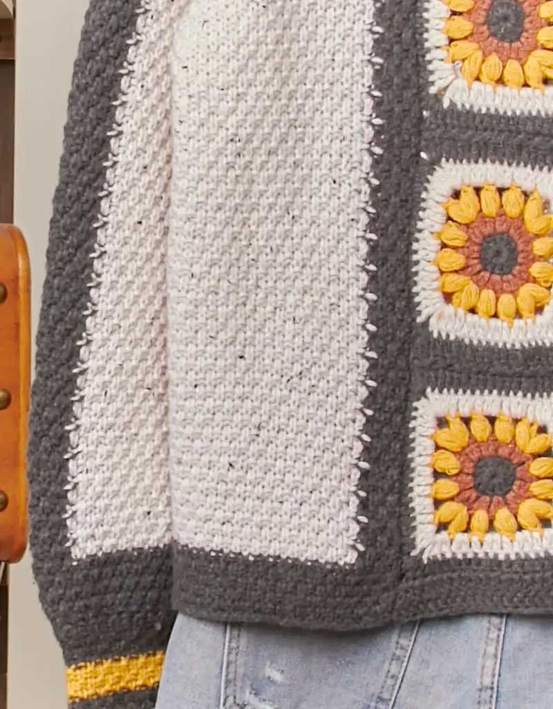 Color Block Sunflower Crochet V Neck Cardigan