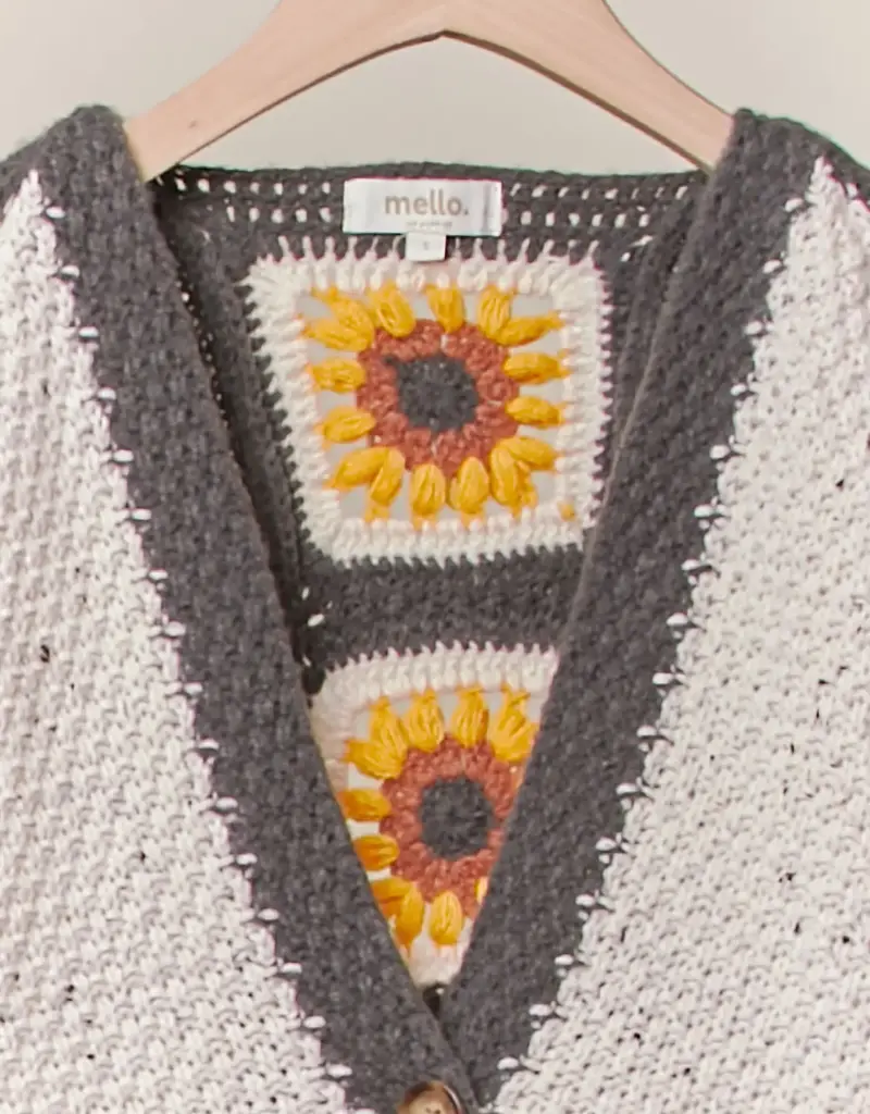 Color Block Sunflower Crochet V Neck Cardigan