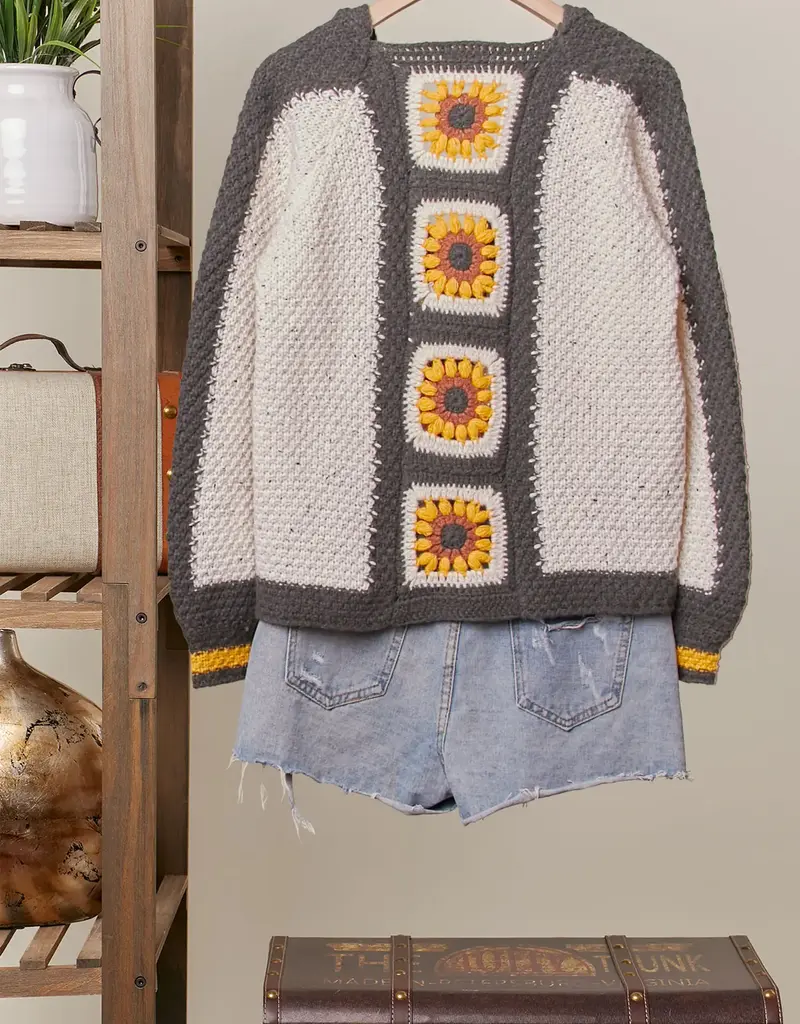 Color Block Sunflower Crochet V Neck Cardigan