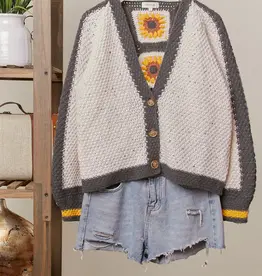 Color Block Sunflower Crochet V Neck Cardigan