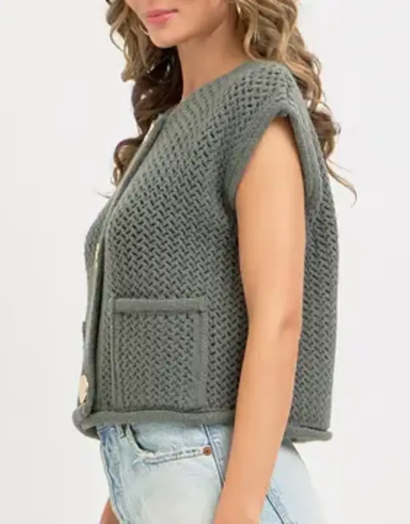 Valerie Knit Vest With Front Patch Pockets & Gold Buttons