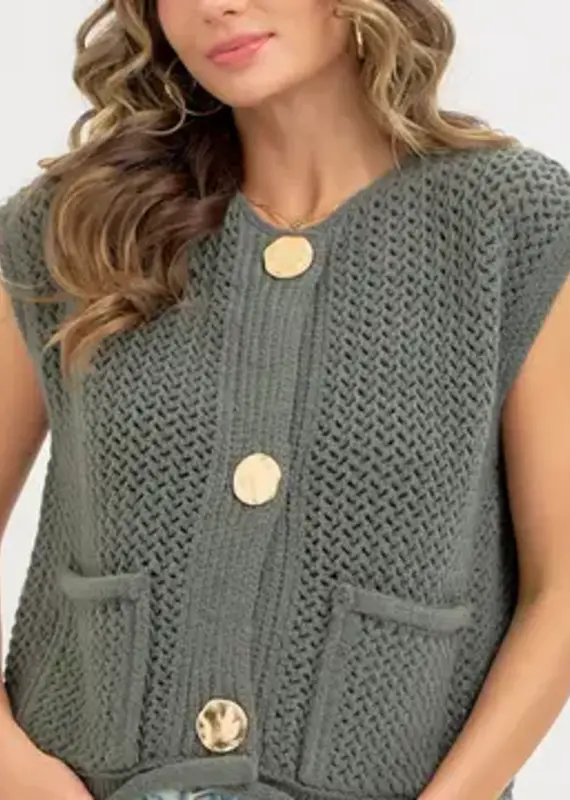 Valerie Knit Vest With Front Patch Pockets & Gold Buttons