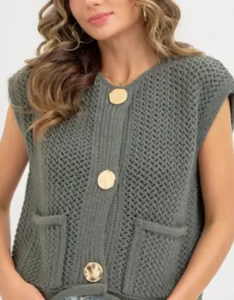 Valerie Knit Vest With Front Patch Pockets & Gold Buttons