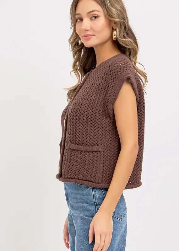 Valerie Knit Vest With Front Patch Pockets & Gold Buttons
