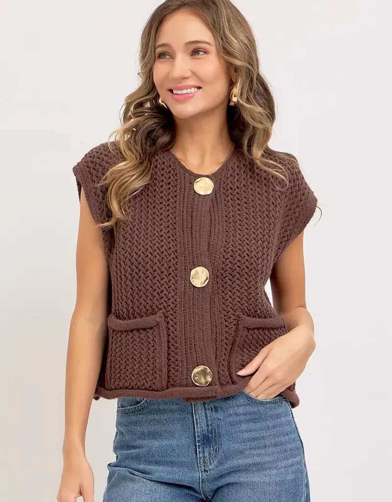 Valerie Knit Vest With Front Patch Pockets & Gold Buttons