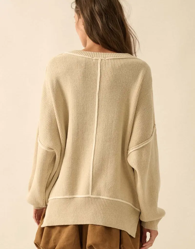 Ribbed Knit Exposed-Seam Oversize Sweater