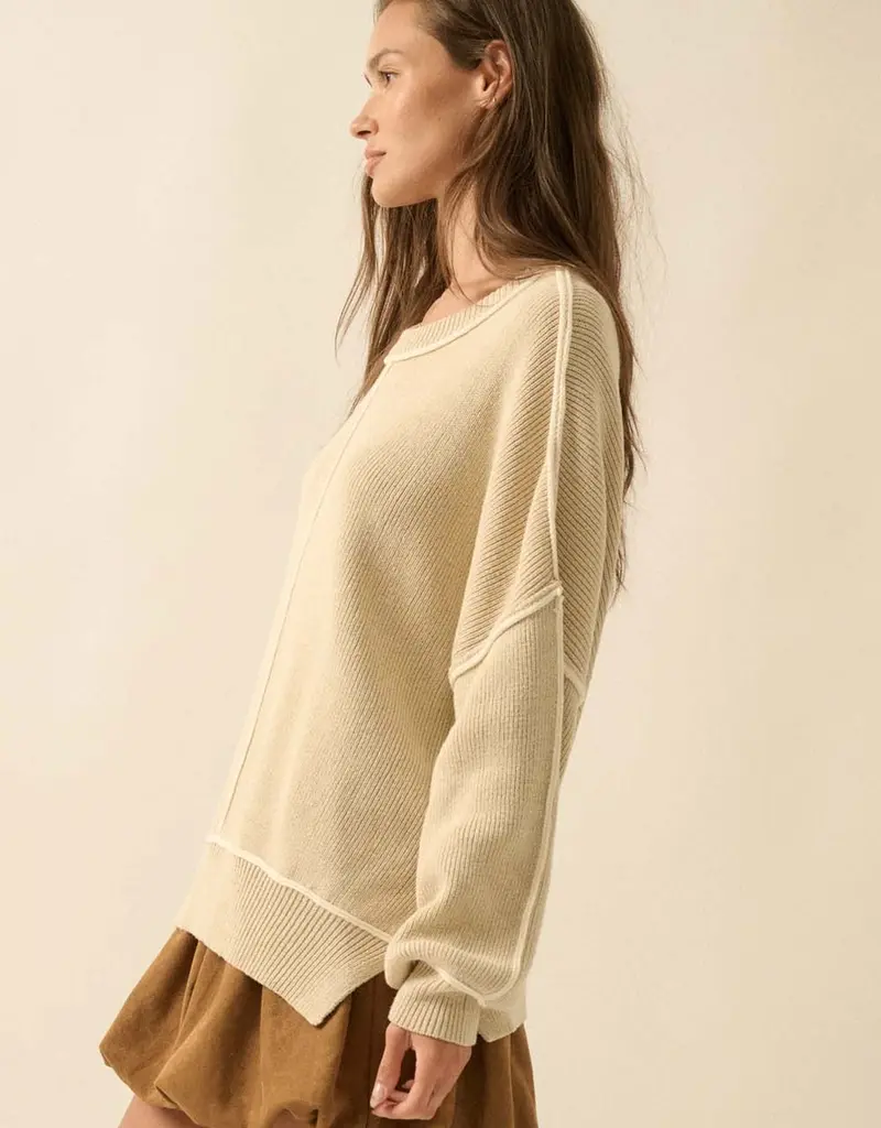 Ribbed Knit Exposed-Seam Oversize Sweater