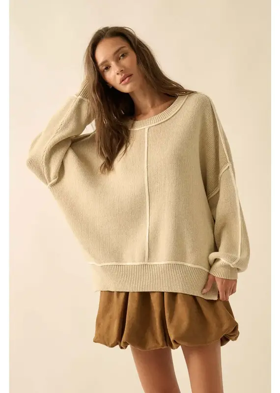 Ribbed Knit Exposed-Seam Oversize Sweater
