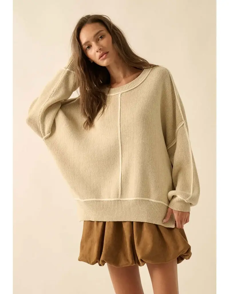 Ribbed Knit Exposed-Seam Oversize Sweater