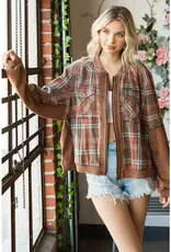 Washed Mixed Media Plaid Zip Front Jacket