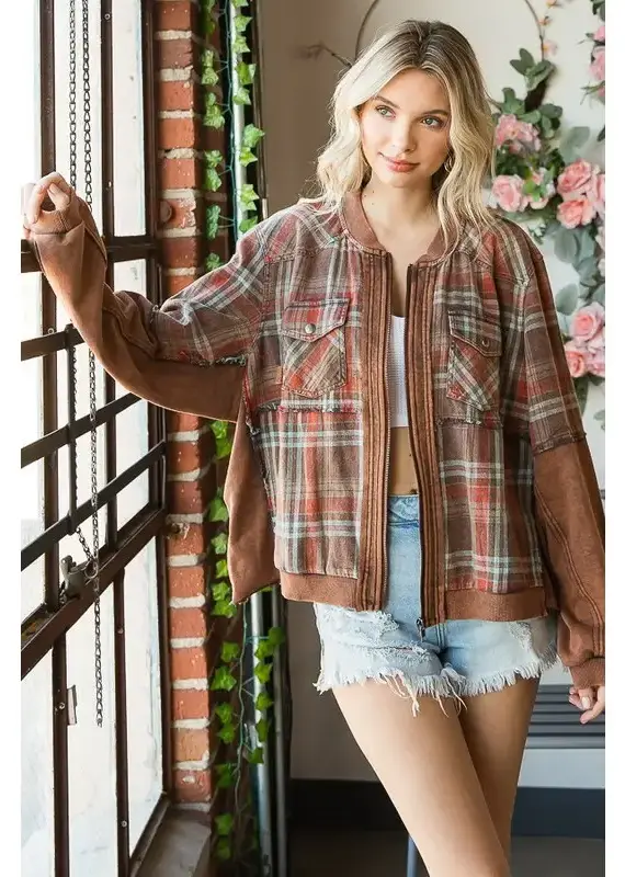 Washed Mixed Media Plaid Zip Front Jacket