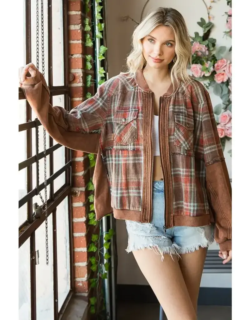 Washed Mixed Media Plaid Zip Front Jacket