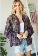 Washed Mixed Media Plaid Zip Front Jacket