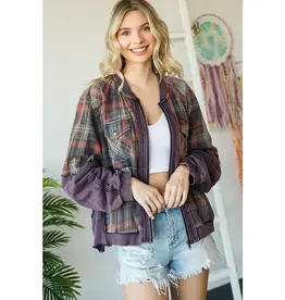Washed Mixed Media Plaid Zip Front Jacket