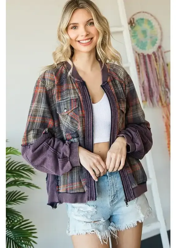 Washed Mixed Media Plaid Zip Front Jacket