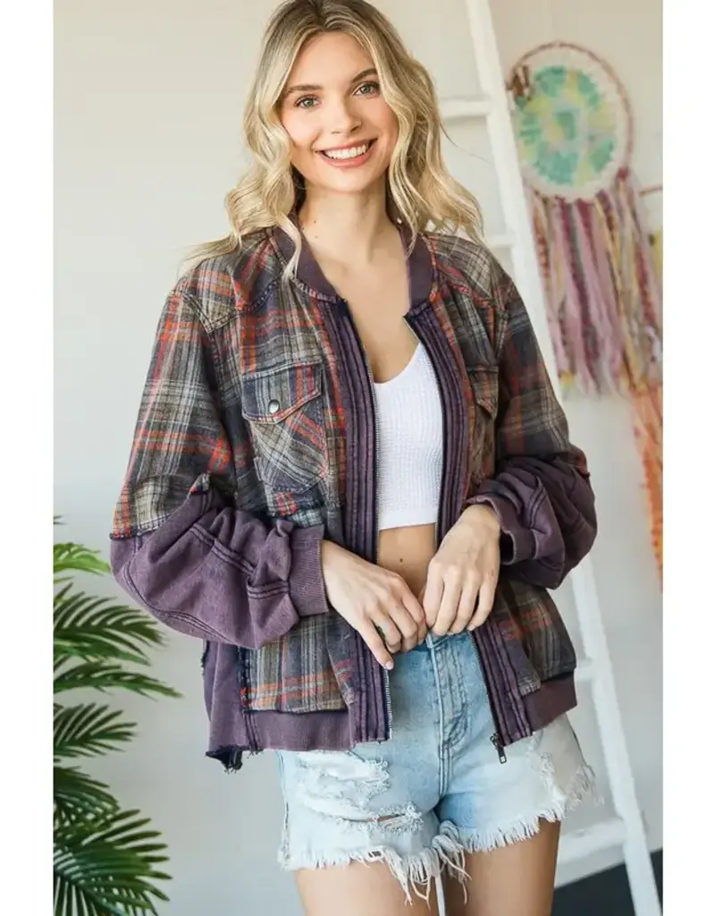 Washed Mixed Media Plaid Zip Front Jacket