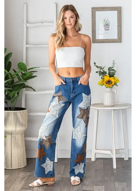 Washed Leather Star Patched Jeans