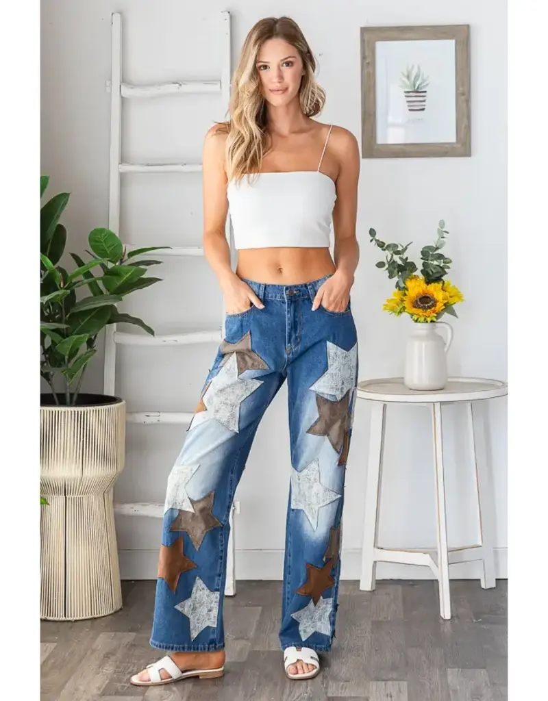 Washed Leather Star Patched Jeans