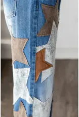 Washed Leather Star Patched Jeans