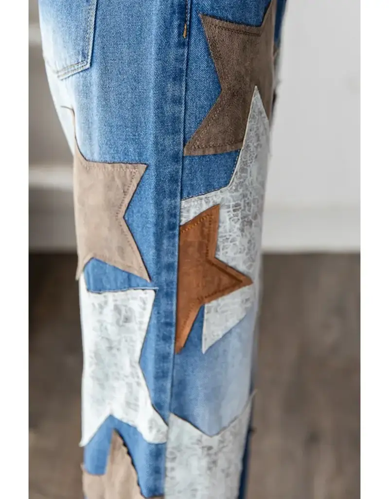 Washed Leather Star Patched Jeans