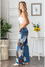 Washed Leather Star Patched Jeans