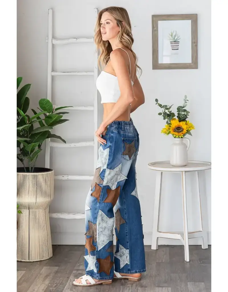 Washed Leather Star Patched Jeans