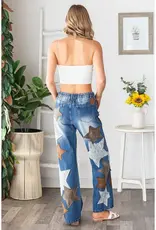 Washed Leather Star Patched Jeans