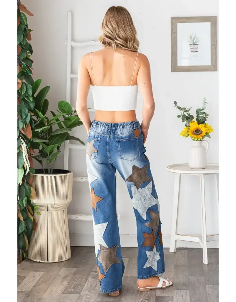 Washed Leather Star Patched Jeans
