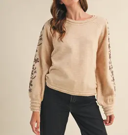 Pullover Sweater with Floral Embroidered Sleeves