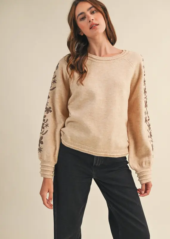 Pullover Sweater with Floral Embroidered Sleeves