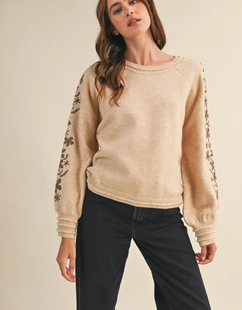 Pullover Sweater with Floral Embroidered Sleeves
