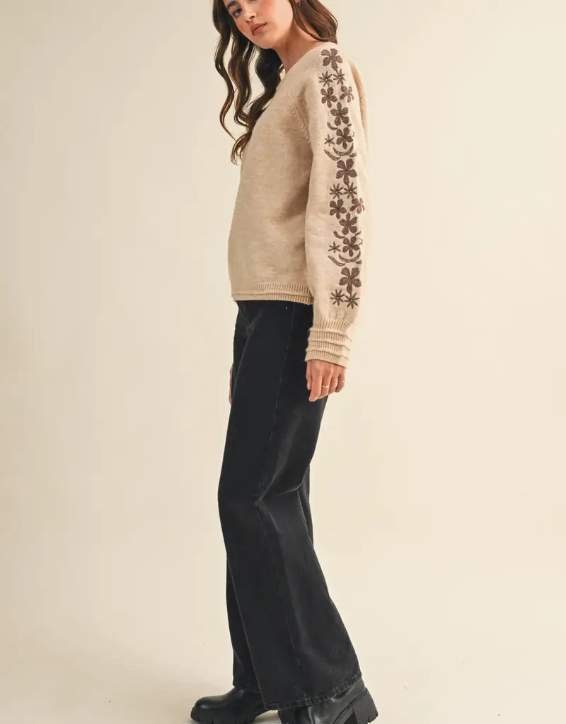 Pullover Sweater with Floral Embroidered Sleeves