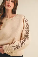 Pullover Sweater with Floral Embroidered Sleeves