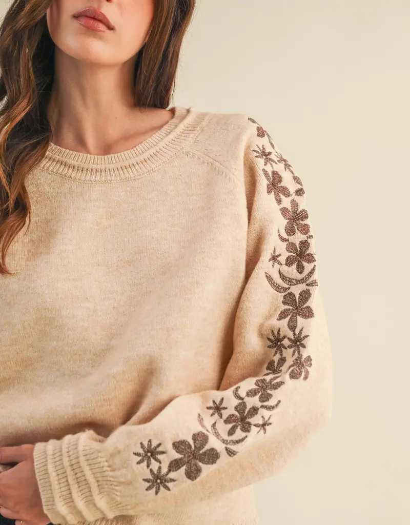 Pullover Sweater with Floral Embroidered Sleeves