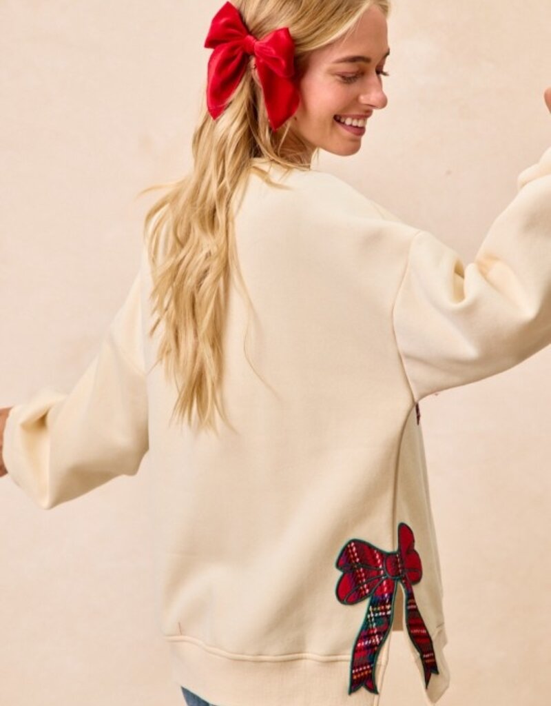 Merry Plaid Applique Sweatshirt With Bow Side Detail